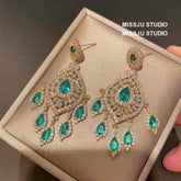 Emerald Rhinestone Chandelier Tassel Earrings Green